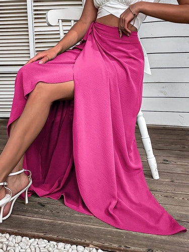 High Waist Ruffled Pink Side Tie Maxi Skirt