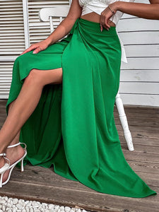 High Waist Ruffled Green Side Tie Maxi Skirt