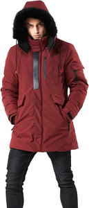 Men's Red Winter Hooded Parka Cargo Long Sleeve Coat