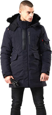 Men's Navy Blue Winter Hooded Parka Cargo Long Sleeve Coat