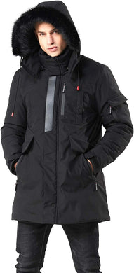 Men's Black Winter Hooded Parka Cargo Long Sleeve Coat