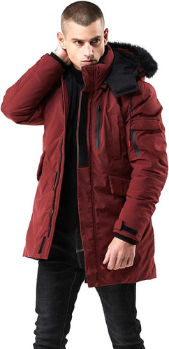 Men's Red Winter Hooded Parka Cargo Long Sleeve Coat