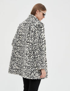 Faux Fur Brown Leopard Animal Print Long Sleeve Winter Coat