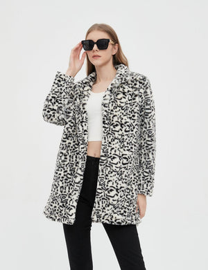 Faux Fur White Leopard Animal Print Long Sleeve Winter Coat