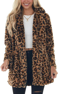 Faux Fur Beige Leopard Animal Print Long Sleeve Winter Coat