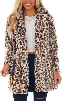 Faux Fur Beige Leopard Animal Print Long Sleeve Winter Coat
