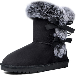 Faux Fur Winter Grey Bow Tie Suede Fluffy Boots