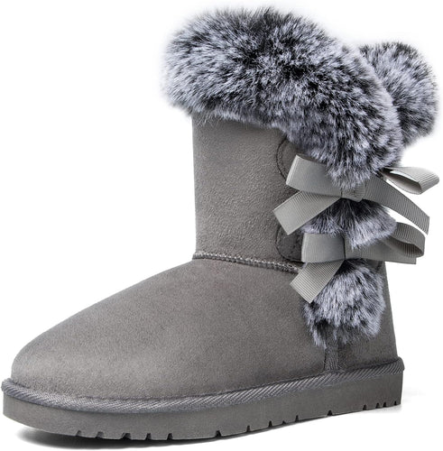 Faux Fur Winter Grey Bow Tie Suede Fluffy Boots