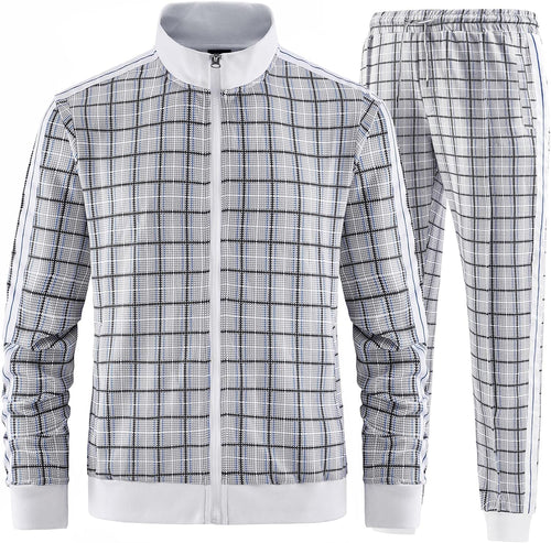 Men's White/Grey Plaid Long Sleeve Full Zip Hoodie Jogging Sweatsuit/Tracksuit