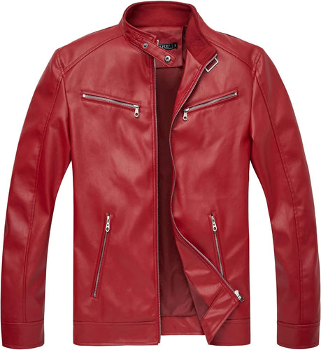 Men's Red Moto Style Faux Leather Long Sleeve Jacket