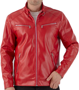 Men's Red Moto Style Faux Leather Long Sleeve Jacket