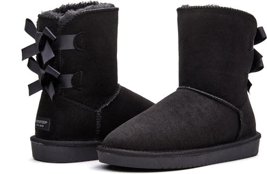 Stylish Back Bow Fur Lined Comfy Black Suede Winter Boots