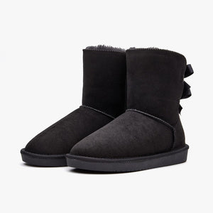 Stylish Back Bow Fur Lined Comfy Black Suede Winter Boots