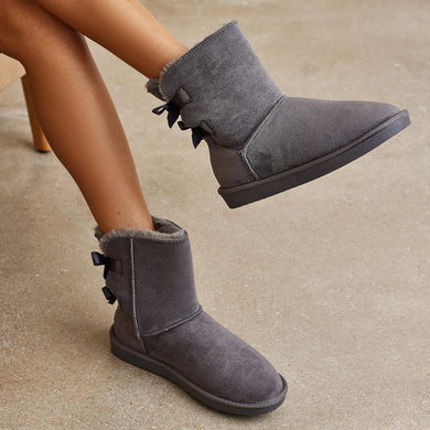 Stylish Back Bow Fur Lined Comfy Grey Suede Winter Boots