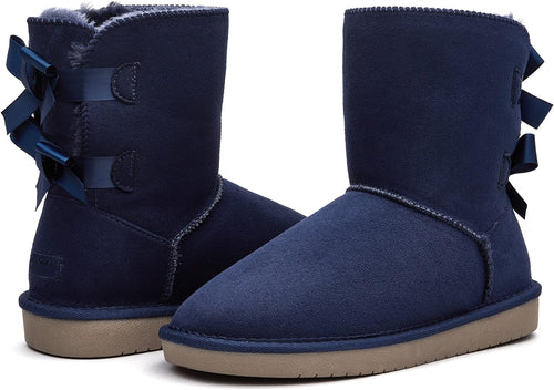 Stylish Back Bow Fur Lined Comfy Navy Blue Suede Winter Boots