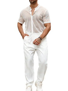 Men's Striped Sheer White Top & Pants Set