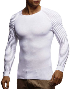 White Men's Rippled Knit Long Sleeve Pullover Sweater