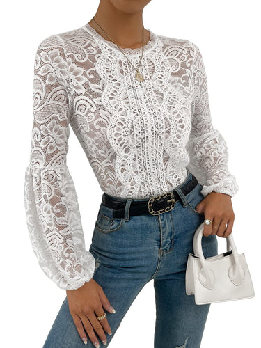 Crochet White Lace Lantern Sleeve Bodysuit