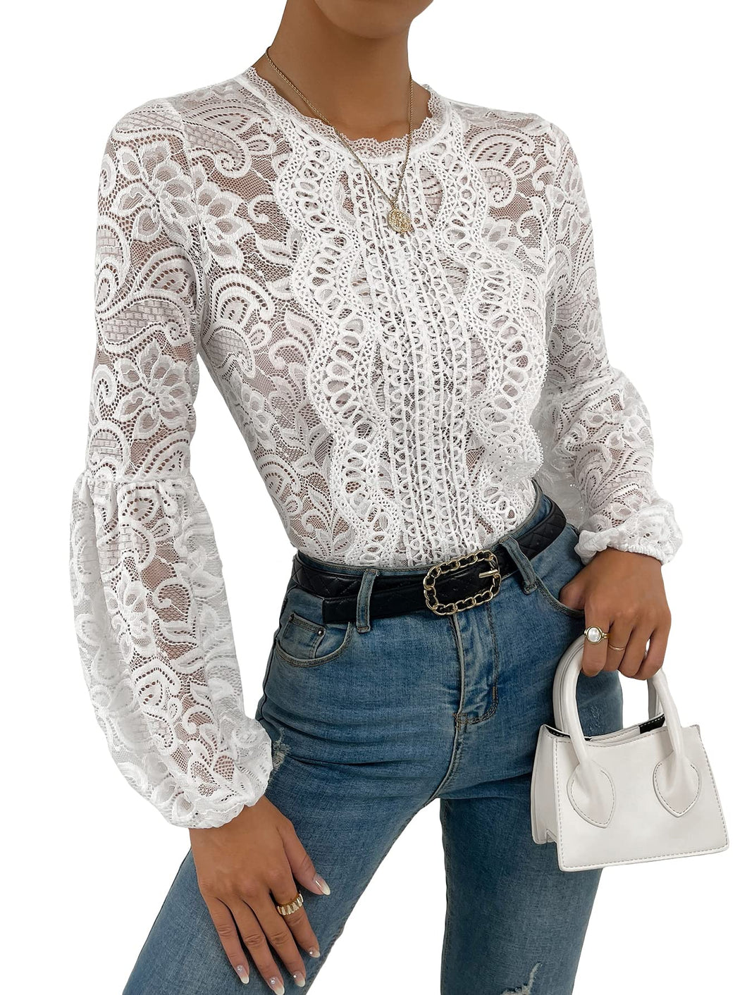 Crochet White Lace Lantern Sleeve Bodysuit