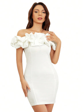 Ruffled Pearl White Strapless Cocktail Dress