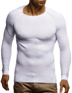 White Men's Rippled Knit Long Sleeve Pullover Sweater