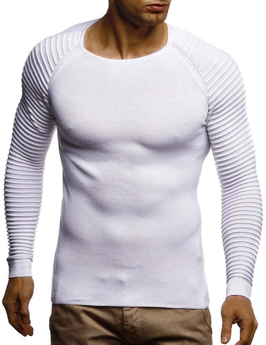 White Men's Rippled Knit Long Sleeve Pullover Sweater