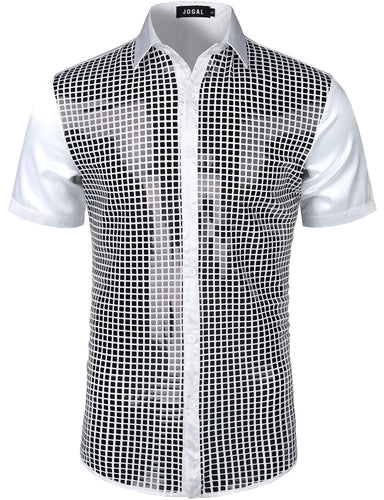 Men's White Metallic Sequin Shiny Short Sleeve Shirt