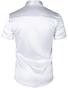 Men's White Metallic Sequin Shiny Short Sleeve Shirt