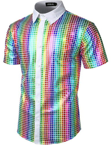 Men's White Rainbow Metallic Sequin Shiny Short Sleeve Shirt