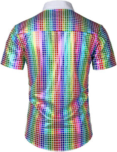 Men's White Rainbow Metallic Sequin Shiny Short Sleeve Shirt