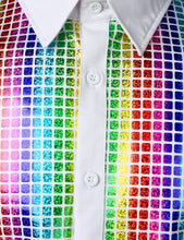 Load image into Gallery viewer, Men&#39;s White Rainbow Metallic Sequin Shiny Short Sleeve Shirt