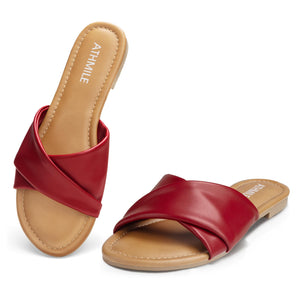 Wine Red Casual Leather Summer Flat Sandals