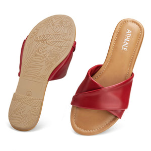 Wine Red Casual Leather Summer Flat Sandals