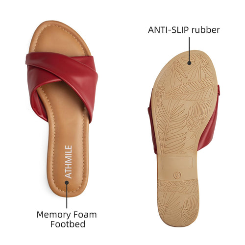 Wine Red Casual Leather Summer Flat Sandals