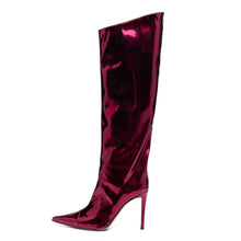 Load image into Gallery viewer, Wine Red Fashion Forward Metallic Knee High Stiletto Boots