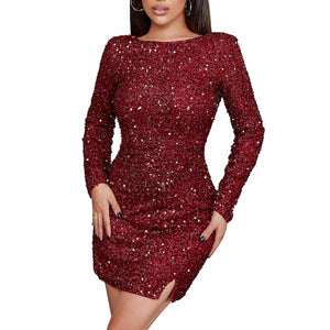 Wine Red Sequin Long Sleeve Mini Dress w/Slit