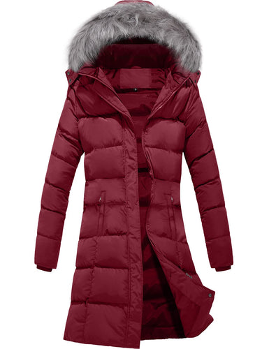 Wine Red Puffer Parka Hooded Winter Jacket