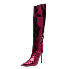 Load image into Gallery viewer, Wine Red Fashion Forward Metallic Knee High Stiletto Boots