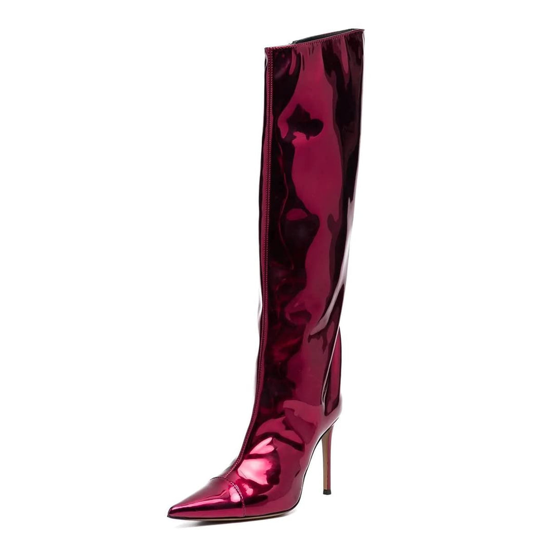 Wine Red Fashion Forward Metallic Knee High Stiletto Boots