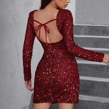 Load image into Gallery viewer, Wine Red Sequin Long Sleeve Mini Dress w/Slit