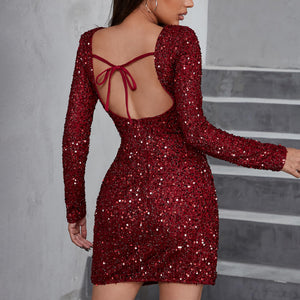 Wine Red Sequin Long Sleeve Mini Dress w/Slit