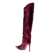 Load image into Gallery viewer, Wine Red Fashion Forward Metallic Knee High Stiletto Boots