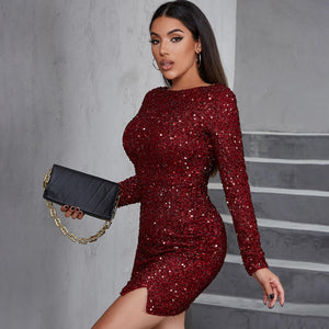 Wine Red Sequin Long Sleeve Mini Dress w/Slit