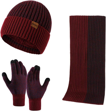 Winter Soft Red/Burgundy Thermal Knit Beanie Hat, Gloves & Scarf Set