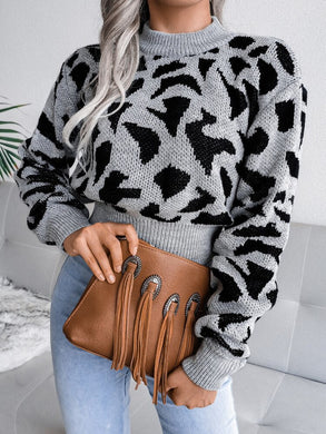 Cozy Knit Printed Grey Long Sleeve Banded Sweater