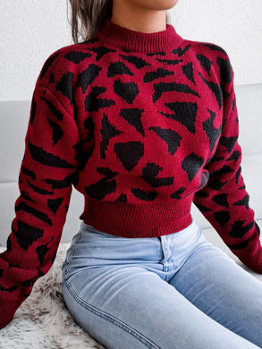 Cozy Knit Printed Red Long Sleeve Banded Sweater