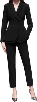 Professional Women's Black Layered Belted Blazer & Pants Suit Set