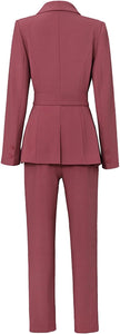 Professional Women's Dusty Pink Layered Belted Blazer & Pants Suit Set