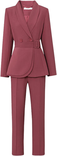 Professional Women's Dusty Pink Layered Belted Blazer & Pants Suit Set