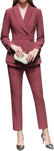 Professional Women's Dusty Pink Layered Belted Blazer & Pants Suit Set